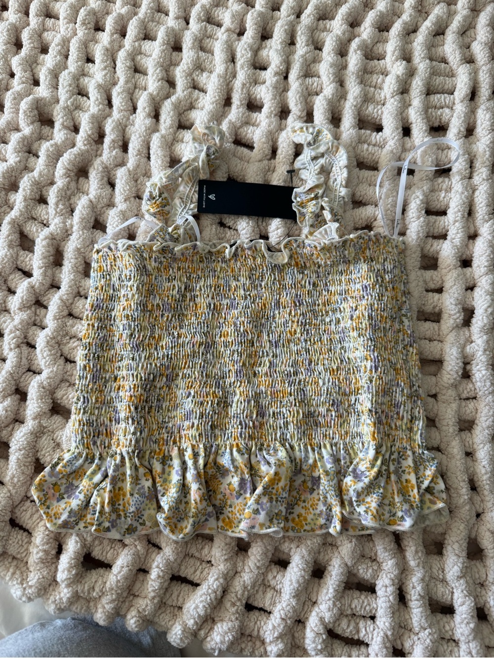 Lulu's Yellow & White Smocked Floral Ruffle Crop Top Tank